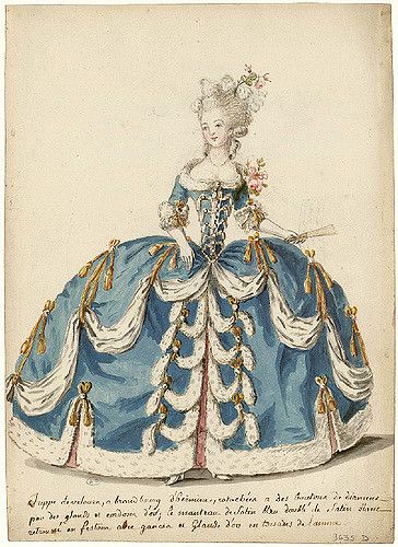 French court dress of 1785 French Court Dress, 18th Century French Fashion, 1700 Fashion, Rococo Era, Hoop Dress, Rococo Dress, Queen Of France, 18th Century Dress, Rococo Fashion