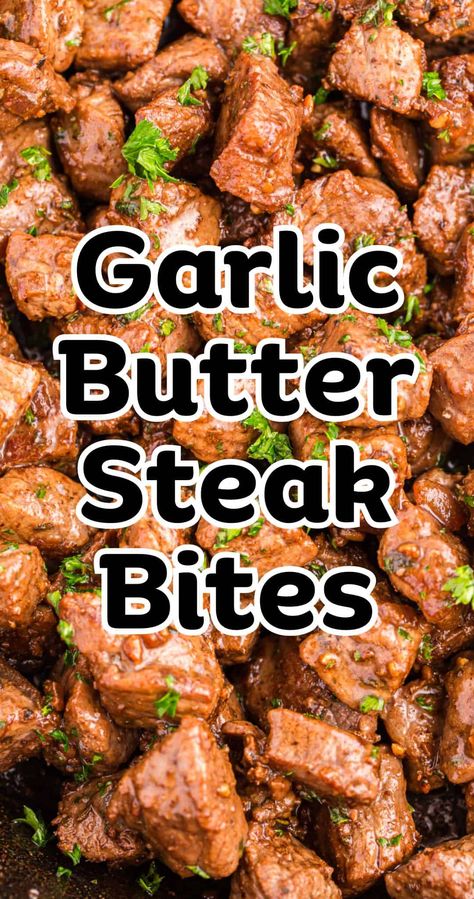 Garlic Butter Steak Bites Easy Garlic Steak Bites, Tenderloin Beef Tips Recipe, Saucy Steak Recipes, Ribeye Dinner Ideas, Easy Steak Bites Recipes, Garlic Steak Tips, Strip Steak Dinner Ideas, Butter Beef Tips, Buttered Steak Bites