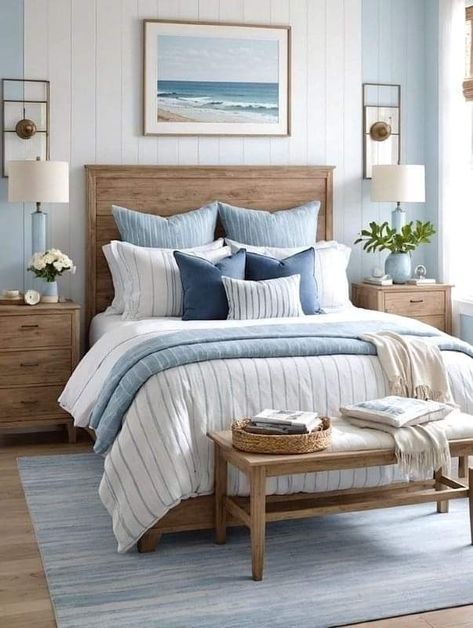 Modern Farmhouse Master Bed Blue, Bedroom Decor Blue And White, Tan And Blue Bedroom Ideas, Blue And White Bedroom Modern, White Bedroom Blue Accents, Blue And White Master Bedrooms Decor, Guest Bedroom Ideas Blue, Bedroom Blue Ideas, Bedroom Airy