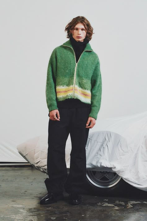 John Elliott Men's Fall 2024 [PHOTOS] Winter Fashion Photoshoot, Tights And Flats, Poses Editorial, Runway 2024, Outfit Photoshoot, Green Wool Coat, 2024 Menswear, Mesh Tops, John Elliott