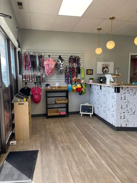 Dog Grooming Parlour Ideas, Animal Grooming Salon, Grooming Salon Organization Ideas, Boarding Dog Kennel Ideas, Dog Grooming Salon Decor Reception Desks, Small Pet Grooming Salon Ideas Design, Dog Grooming Salon Design, Grooming Salon Lobby, Cute Dog Grooming Salons