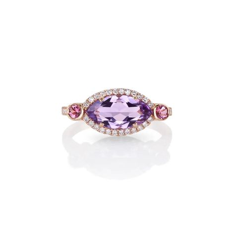 For Sale on 1stDibs - An exceptional ring made of 18Kt gold, with an Marquise amethyst stone, surrounded by pink sapphires and a diamonds halo. Very romantic colour combination Romantic Colors, Rose Gold Pink, Art Deco Interior, Colour Combination, Amethyst Stone, Sapphire Diamond, Amethyst Ring, Side View, Pink Sapphire