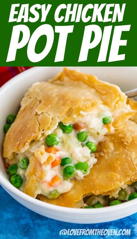 With a few time saving shortcuts, you can make this delicious CHICKEN POT PIE on a busy weeknight. No cream of can of soup, this has a delicious homemade filling! A great family dinner. #chickenpotpie #chicken #potpie #casserole #dinner #easydinner #familydinner #dinnerrecipes #food #pickyeaters #vegetables #lftorecipes Chicken Pot Pie Casserole No Cream Soup, Chicken Pot Pie With Canned Vegetables, Chicken Pot Pie Canned Vegetables, Marie Callendars Chicken Pot Pie Recipe, Chicken Pot Pie Recipe With Cream Soup, Chicken Pot Pie No Cream, Chickenpotpie Recipes, Best Easy Chicken Pot Pie Recipe, Easy Chicken Potpie