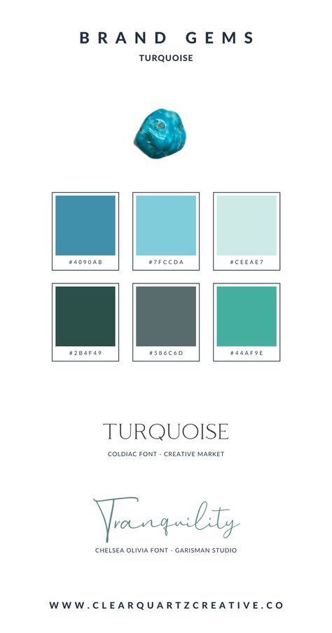 Turquoise - Coldaic Font - Chelsea Olivia Font - Brand gems are created to delight and energize you on your quest to build a brand. Feel free to use them as a guide and inspiration for your personal or business branding ideas! If you find one or more of them that speaks to your intuition, please pin them to your Pinterest boards. Turquoise Branding Color Schemes, Chelsea Olivia, Fb Logo, Turquoise Logo, Business Branding Ideas, Teal Branding, Turquoise Branding, Turquoise Color Palette, Brand Palette