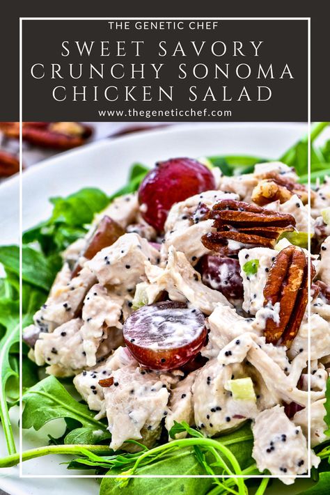 Sonoma Chicken Salad made with chicken, grapes, pecans, onion, and celery, all tossed with a creamy poppy seed dressing. This isn’t your typical chicken salad. This one is sweet, savory, and crunchy all in one bite.
#chickensalad #chicken #salad #lunch | @thegeneticchef Chicken Salad Poppy Seed Dressing, Chicken Salad With Cherries, Chicken Salad On Lettuce, Grape And Walnut Chicken Salad, Serving Chicken Salad At A Party, Sonoma Chicken Salad Recipe, Chicken Salad Grapes Pecans, Grape Pecan Chicken Salad, Wine Country Chicken Salad