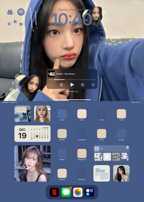 blue minji ipad ios 17 newjeans Newjeans Ipad Layout, K Pop Ios Homescreen, Blue Ipad Lockscreen, Home Screen Ideas For Ipad, Ipad Wallpaper Newjeans, Ipad Homescreen Ideas Kpop, New Jeans Wallpaper Ipad, Ios 17 Layout, Tablet Wallpaper Blue