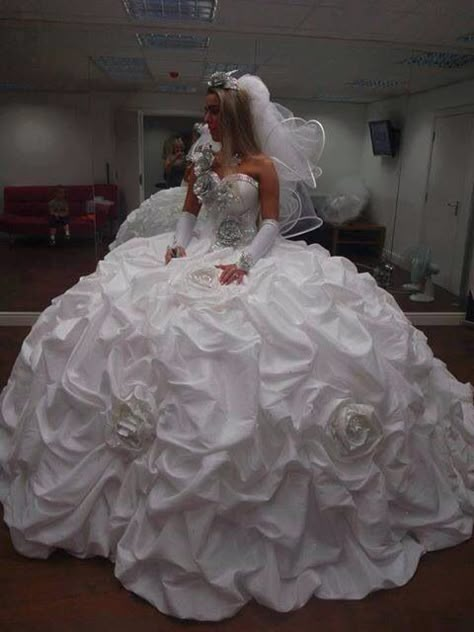 since you said you don't care what kind of dress you get..........I saw something like this for less than $1000 on e-bay. Sondra Celli, Ugly Wedding Dress, Worst Wedding Dress, Poofy Dress, Big Wedding Dresses, White Wedding Dress, A Wedding Dress, Big Wedding, Ball Gowns Wedding