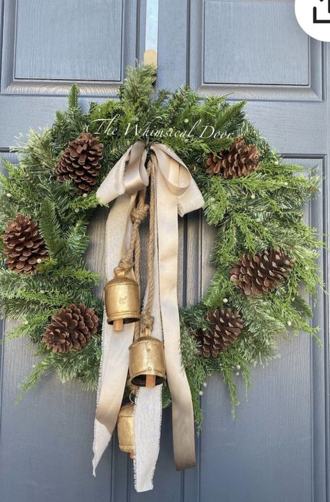 Juniper Wreath, Door Decorations Christmas, Diy Christmas Door Decorations, Bell Wreath, Farmhouse Fall Wreath, Cedar Wreath, Diy Christmas Door, Winter Greens, Winter Greenery