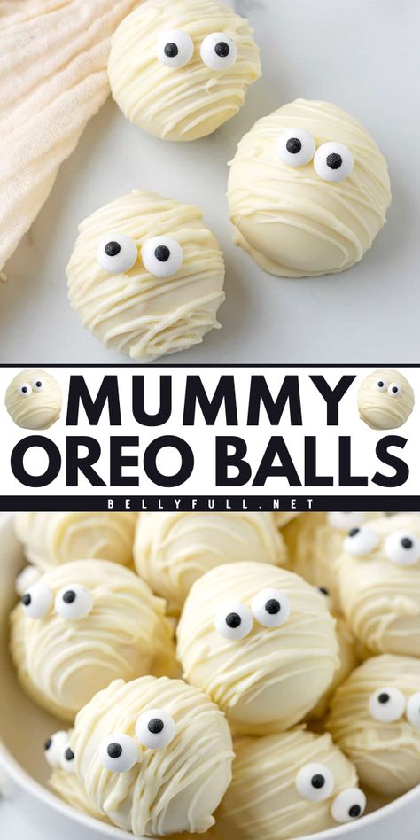 Get spooky with these Mummy Oreo Balls! Featuring a creamy center inside a hard outer shell, these no-bake treats are perfect for Halloween. With just 4 ingredients, they're the ideal easy Halloween party food and a fun Halloween treat to make! Mummy Treat Ideas, Oreo Mummy Pops, Mummy Cake Balls, Mummy Cupcakes Halloween, Halloween Sweet Treats Parties Food, Mummy Oreo Balls, Fun Halloween Desserts Easy, Spooky Sweet Treats, Adult Halloween Desserts