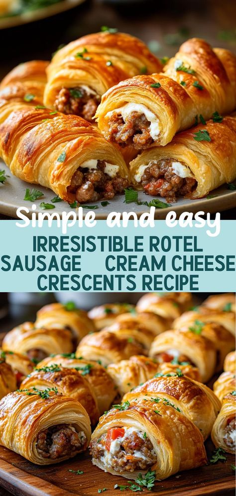 Looking for a crowd-pleasing appetizer that’s easy to prepare? Try these mouthwatering Rotel Sausage & Cream Cheese Crescents! With flaky crescent dough enveloping a creamy filling of seasoned sausage, cream cheese, and zesty Rotel tomatoes, these bites are perfect for parties, game days, or family gatherings. Just a few simple ingredients come together to create a savory treat that will have everyone asking for the recipe. Bake them up and watch them disappear! Crowd Pleasing Recipes Parties Food, Sausage Cream Cheese Crescents, Crescent Sausage Bites, Rotel Recipes, Sausage Cream Cheese, Cream Cheese Breakfast, Sausage Appetizers, Baked Chicken Drumsticks, Crescent Recipes