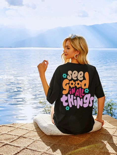 Funny T Shirt Sayings, Trendy Shirt Designs, Oversized T Shirt Dress, Tshirt Printing Design, Drop Shoulder Tee, Shirt Print Design, Girls Prints, Women T Shirts, T Shirts With Sayings