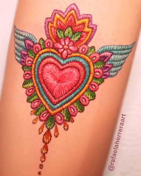 Mexican Mom Tattoo, Embroidery Heart Tattoo, Mexican Design Tattoo, Mexico Flower Tattoo, Traditional Mexican Tattoo For Women, Embroidery Tattoos For Women, Feminine Mexican Tattoos, Embroidery Style Tattoo, Tattoo Bordado Mexicano