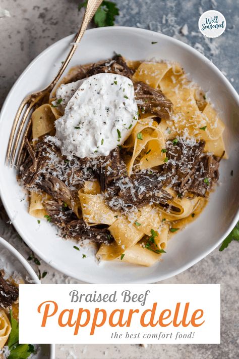 braised beef pappardelle with burrata! the most comforting fall pasta! #wellseasoned #VIETRI #pasta #fallpasta #pappardelle #braisedbeef #beefpasta #shortribs #shortrib #shortribpasta #shortribpappardelle #burrata #photography #pastaphotography #styling #foodstyling #pastastyling #foodphotography #burrataphotography #freshpasta #slowcooked #slowcookedribs #slowcookedbeef #slowcookedbeefribs Beef Pappardelle, Pappardelle Recipe, Winter Pasta, Beef Pasta, Braised Short Ribs, Braised Beef, Beef Ribs, Pasta Dishes, Pasta Recipes