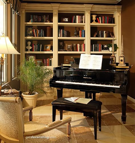 Music/Sitting Rooms @ http://www.getdecorating.com/music_rooms.cfm?profile=21364=1=1 Piano Room Design, Grand Piano Room, Piano Rooms, Library Music Room, Piano Living Rooms, Piano Decor, Home Library Rooms, Home Music Rooms, Grand Pianos