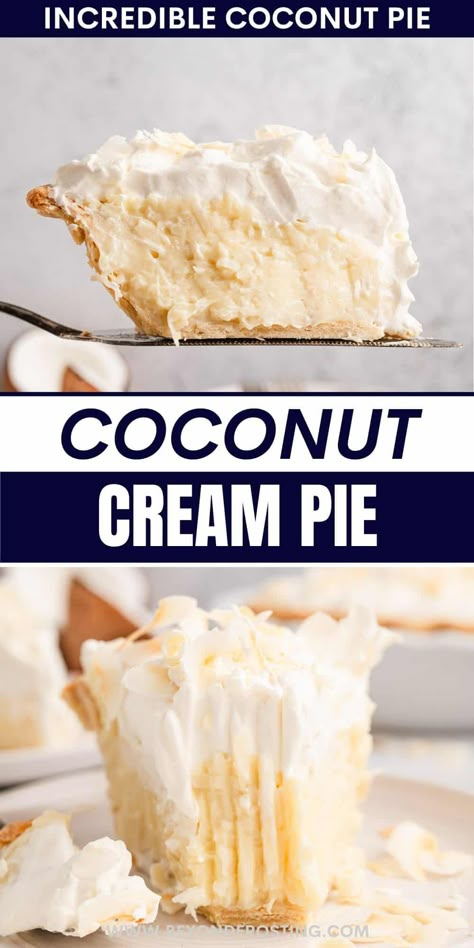 This coconut cream pie is a dreamy dessert with sweet coconut custard in a flaky crust topped with fluffy whipped cream and toasted coconut. Beyond Frosting Coconut Cream Pie, Martha Stewart Coconut Cream Pie, Fluffy Coconut Cream Pie, Creamy Coconut Cream Pie, Coconut Cream Pie Gluten Free, Count Cream Pie, Grandma's Coconut Cream Pie, Coconut Cream Deserts, Coconut Cream Pie With Graham Crust