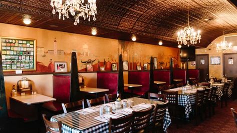 Welcome to Red Sauce America | Bon Appétit Italian Restaurant Decor, Pressed Tin Ceiling, Italian American Food, Pasta E Fagioli Soup, Fagioli Soup, Toasted Ravioli, The Deep South, Vintage Menu, Deep South