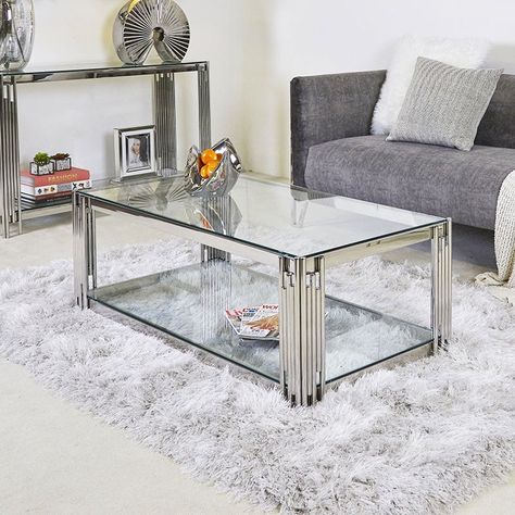 Glass Coffee Table Decor, Mirror Coffee Table, Modern Glass Coffee Table, Glass Coffee Tables, Coffee Table Pictures, Stainless Steel Coffee Table, Steel Furniture Design, Furniture Acrylic, Welded Furniture