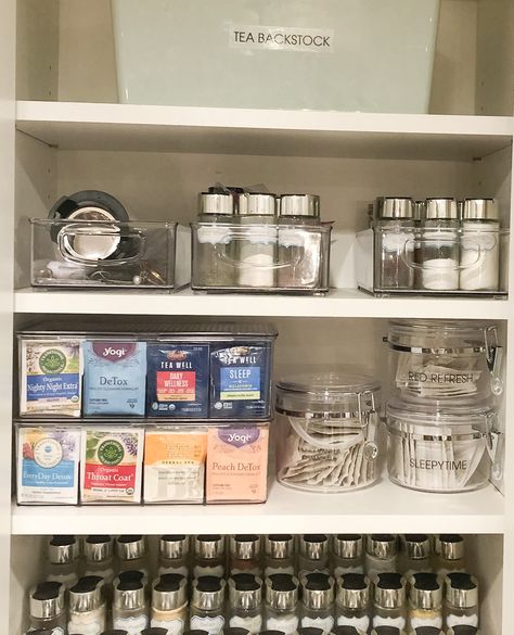 Tea Storage Solutions | Boxes and packaging for tea packets can make it hard to quickly find what you want. Not to mention the boxes aren't specially efficient. Shop Like to Know it for my favorite containers in this spice and tea cupboard in my kitchen! And follow for more @reset_your_nest inspiration! #professionalorganizer #homeorganizer | ResetYourNest.com Tea Coffee Cupboard, Kitchen Tea Storage, Tea And Coffee Cupboard, Tea Coffee Organization, Coffee Tea Organization, Coffee And Tea Cabinet Organization, Loose Leaf Tea Storage Organizing, Teabag Storage Ideas, Tea Cupboard Ideas