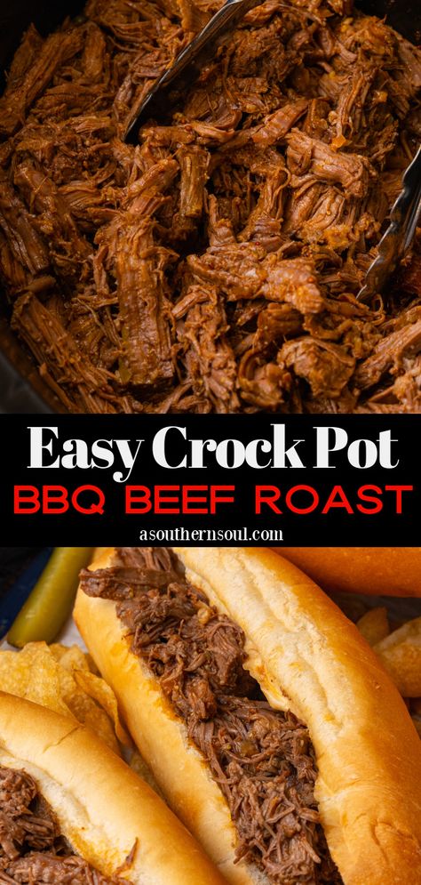 Easy Crock Pot BBQ Beef Roast Bbq Beef Sandwiches Crockpot, Bbq Beef Roast Crock Pot, Bbq Beef Tips Crock Pot Recipes, Beef Bbq Crockpot, Bbq Roast Crockpot, Shredded Beef Crock Pot, Bbq Beef Roast, Bbq Beef Crockpot, Crockpot Bbq Beef