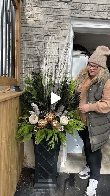 Vanessa Monardo on Instagram: "First holiday planters of the season!! Loving this white black and gold look for a winter wedding ✨

Our schedule is booking up extremely fast. If you are interested in holiday planters, please reach out for a quote so we can book you in! 🎄" Winter Outside Decor Pots & Planters, Front Door Planters Winter, Black And White Outdoor Christmas Decor, Outdoor Christmas Greenery Pots, Winter Arrangements Outdoor, Outdoor Winter Planters, Outdoor Winter Planter Ideas, Holiday Planters Front Porches, Winter Porch Pots Diy