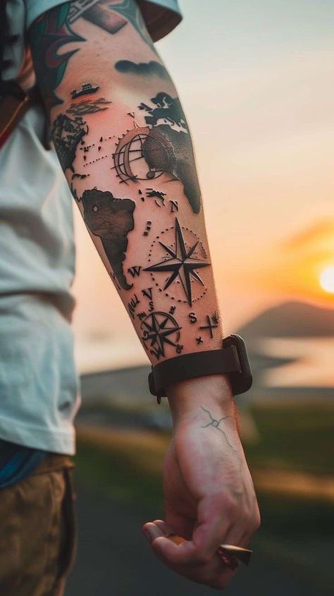 Tattoo Ideas For Men Ocean, Adventure Tattoos For Men, Sleeve Tattoos Travel, Travelling Tattoos Men, Nautical Map Tattoo Design, Colombia Tattoo Ideas, Travel Tattoo Men, European Tattoos, Nautical Tattoo Ideas