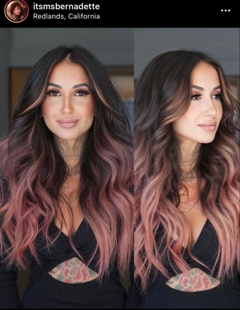 Rose Gold Dark Roots, Year Round Hair Color, Dark Brown And Rose Gold Hair, Dark Brown Rose Gold Hair, Touch Of Pink Hair, Funky Balayage Hair, Pink Extensions Hair Brunette, Brown Hair With Pink And Purple Highlights, Dusty Rose Highlights Brunette