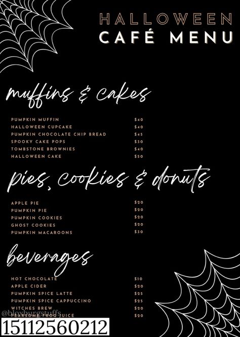 decal code Bloxburg Halloween Cafe Decals, Halloween Cafe Bloxburg, Bloxburg Cafe Decals Codes, Bloxburg Decal Id, Fall Cafe, Bloxburg Ids, Halloween Cafe, Bloxburg Cafe, Bloxburg Town Ideas