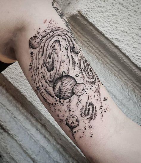 Space Arm Tattoo, Jose Romussi, Laura Callaghan, Space Sleeve, Space Tattoo Sleeve, Cosmic Tattoo, Space Tattoos, Astronaut Tattoo, Astrology Tattoo