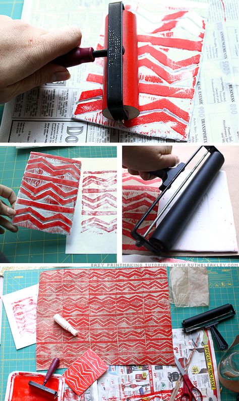 Home print making. Great for wrapping paper out of butcher paper, or greeting cards. Classe D'art, Tiny Envelopes, Relief Printmaking, Gelli Prints, Relief Printing, Gelli Printing, Relief Print, Stamp Printing, Gelli Plate