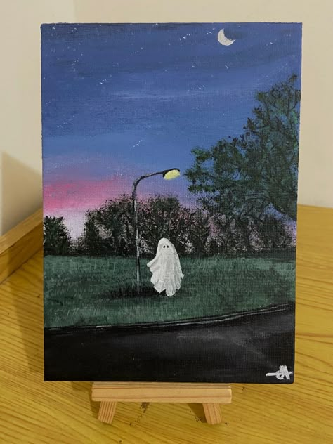 Ghost In Field Painting, Ghost Under Street Light Painting, Ghost Paintings Canvas, Mini Canvas Ghost Painting, Two Ghost Painting, Step By Step Ghost Painting, Sheet Ghost Painting, Simple Ghost Painting, Diy Ghost Painting