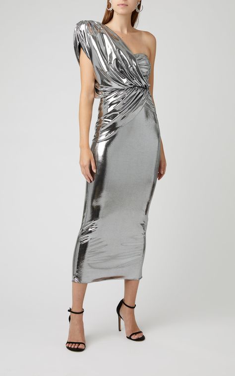 Lame Outfits, Foil Print Dress, Eden Moon, Silver Dresses, Moon Lee, Lame Dress, Cocktail Outfit, Shoulder Stretch, The Attico