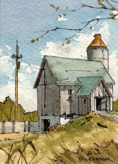 Tall and sturdy | miniature 2.5 x 3.5 inch watercolor | Peter Sheeler | Flickr Paint On Canvas For Beginners, Peter Sheeler, Watercolor Barns, Watercolor House Painting, Ink And Wash, Line And Wash, Watercolor Art Landscape, Watercolor House, Pen And Wash