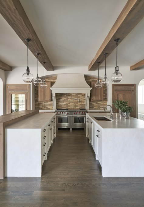 Modern Farmhouse Kitchens Double Island, Three Island Kitchen, Large Kitchen With 2 Islands, Double Islands In Kitchen Layout, Chefs Dream Home Kitchen, 10ft Long Kitchen Island, Large Kitchen Ideas Open Floor, Double Counter Kitchen Island, Dual Island Kitchen Layout