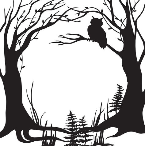 vector black and white illustration, frame. fabulous, magical forest. silhouette of trees, herbs, silhouette of an owl sitting on a tree. design for halloween. frame for cards, books. Magical Fairy Forest, Paper Cut Art Templates, Magical Classroom, Eerie Forest, Silhouette Trees, Bird Silhouettes, Owl Silhouette, Halloween Borders, Owl Sitting