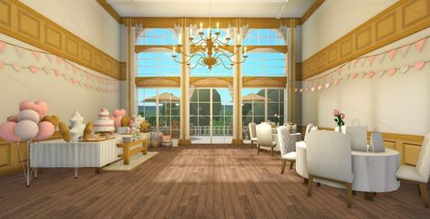 Bloxburg Luxury Dining Room, Bloxburg Venue Ideas, Bloxburg Buffet Ideas, Bloxburg Tea Party, Bloxburg Wedding Ideas, Ballroom Bloxburg, Bloxburg Party Room Ideas, Bloxburg Trophies, Bloxburg Reception Ideas