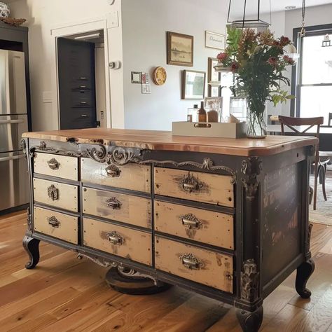 Antique Dresser Converted Into a Kitchen Island Upcycle Dresser To Kitchen Island, Kitchen Island Made From Old Dresser, Turn A Dresser Into A Kitchen Island, Buffet Used As Kitchen Island, Dresser Made Into Kitchen Island, Kitchen Island Dresser Diy, Farmhouse Kitchen Island Diy, Antique Dresser Kitchen Island, Diy Dresser Island