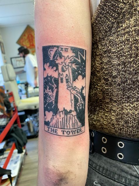 The Tower Tarot Card Tattoo, American Traditional Tarot Card Tattoo, The Tower Tarot Tattoo, Tower Tarot Tattoo, The Tower Tattoo, Sketches Of Tattoos, Tower Tarot Card, Traditional Tarot Cards, The Tower Tarot Card