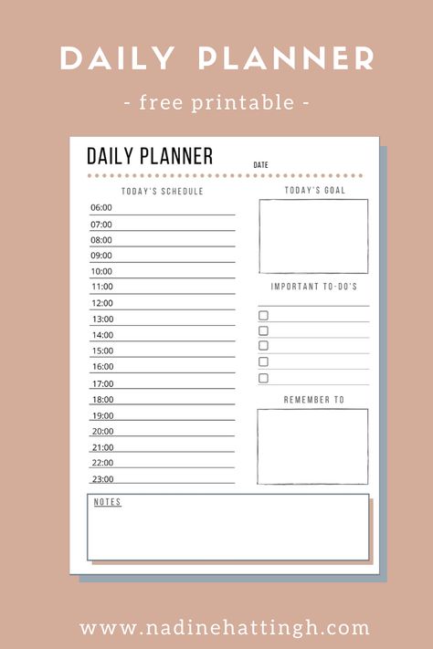 Free Daily Printable Planner | Nadine Hattingh Daily Planner With Time Slots, Daily Planner Template Free, Free Printable Daily Planner Template, Free Daily Planner Printables, Day Planner Printables, Planner With Time, Daily Study Planner, Daily Planner Ideas, Plan The Day