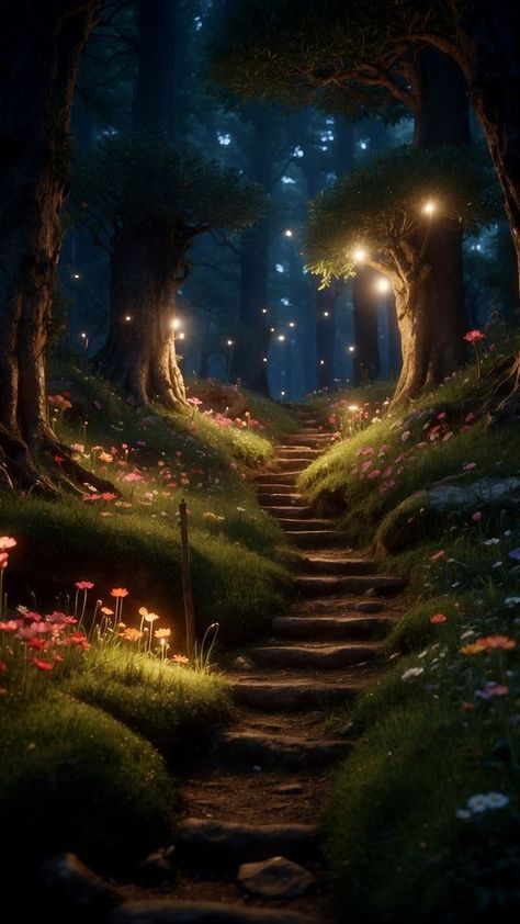 Fae Forest Aesthetic, Fairy Magic Mystical Forest, Fairy Land Magical Forest, Fairy Forest Wallpaper, Fairy Forest Aesthetic, Enchanted Forest Night, Forest In The Night, Magical Fairy Forest, Forest Fairy Aesthetic