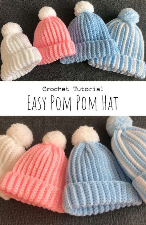 Pom Pom Hat Outfit, Easy Pom Pom, Easy Crochet Baby Hat, Baby Crochet Clothes, Baby Crochet Ideas, Crochet Pom Pom Hat, Baby Pom Pom Hat, Newborn Crochet Patterns, Crochet Baby Beanie