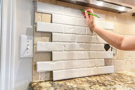 Brick Paneling Backsplash, Paneling Backsplash, Whitewash Brick Backsplash, Painted Brick Backsplash, White Brick Backsplash, Brick Veneer Panels, Faux Brick Backsplash, Brick Bathroom, Faux Brick Wall Panels