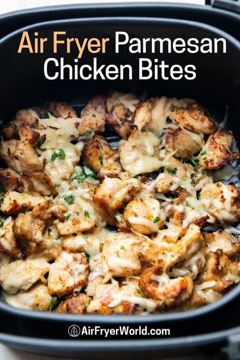 Air Fryer Chicken Bites with Garlic, Parmesan {EASY} | Air Fryer World Garlic Parmesan Chicken Bites, Air Fryer Parmesan Chicken, Parmesan Chicken Bites, Air Fryer Chicken Bites, Air Fryer Garlic Parmesan Chicken, Chicken Bites Recipes, Air Fryer Garlic, Plats Healthy, Air Fryer Meals