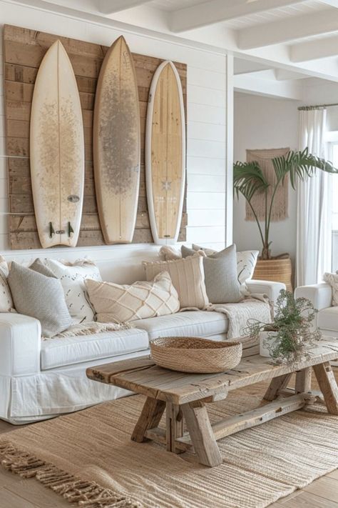 Boho Modern Decor Living Rooms, Surf Shack Style Home, Surfer Living Room Ideas, Modern Boho Beach House, Modern Beach Apartment Decor, Surf Style Interior Design, Surf Cottage Style, Minimalist Beach House Decor, Beach Home Interior Design