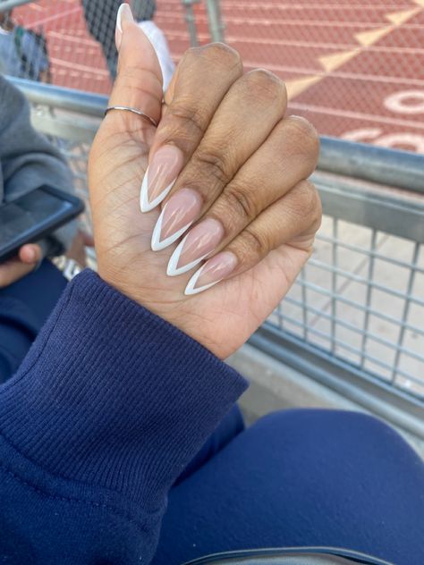 French Tips, V shaped, white, med length V Manicure French Tips, White Tips On Almond Nails, Arrow French Tip Nails, Angled Tip Nails, Double V French Tip Nails, V French Almond Nails, Almond V French Tip Nails, Neutral Coffin Nail Ideas, Vtip French Nails