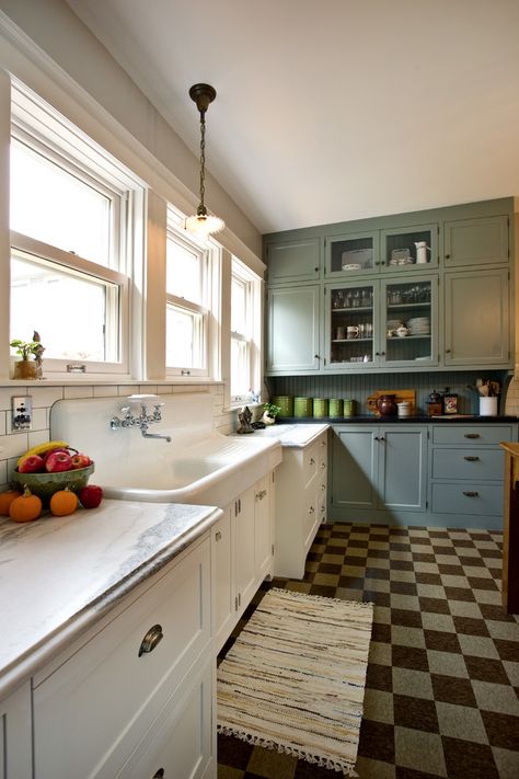 Modern Kitchen with 1920s look - Traditional - Kitchen - Minneapolis - by Apex Construction Management 1920 Kitchen Design, 1920’s Kitchen, 1920s Kitchen Remodel, Heidi Caillier Design, 1920 Kitchen, Terra Cotta Floor Tile, Sage Green Cabinets, Heidi Caillier, 1920s Kitchen