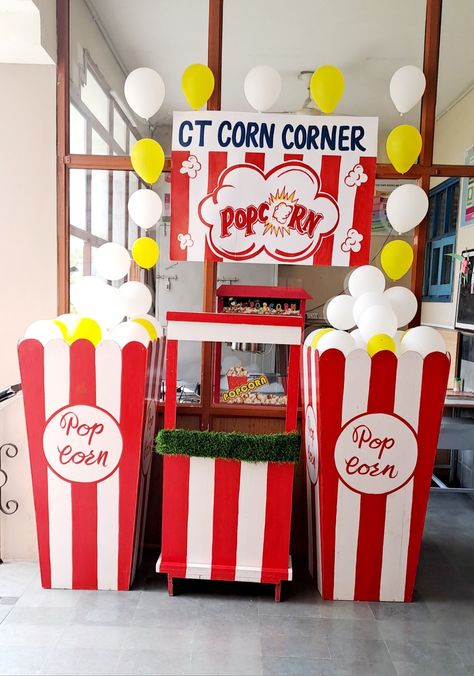 Popcorn Stand Ideas Diy, Carnival Popcorn Stand, Popcorn Decorations, Popcorn Stand, Carnival Booths, Diy Popcorn, Jungle Theme Parties, Popcorn Party, Movie Birthday