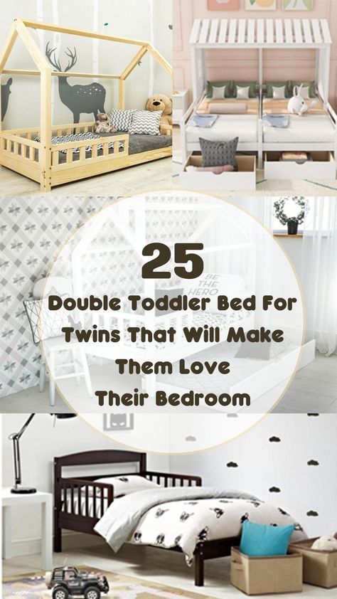 There are many awesome and wonderful designs of double toddler beds for twins you can choose. From the space saver bed for a small bedroom, to a low bed to make your twins secure during sleep, you can choose them depending on the twins’ needs. #toddlerbed #toddlerbedroomgirl #toddlerbedroomboy #toddlerbedroom #toddlerbedroomideas #toddlerbedideasforboys #toddlerbedsforgirlsideas #toddlerbedroomideasforboys #toddlerbedonfloorideas #toddlerbedding 2 Twin Beds Pushed Together, Double Montessori Bed, Floor Bed For Twins, Small Bedroom For Twins, Montessori Bedroom For Twins, 2 Beds Small Room, Double Toddler Bed Shared Rooms, Twin And Toddler Bed Shared Room, Double Beds For Small Rooms