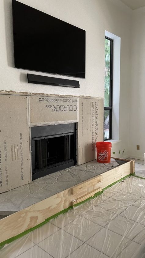 Skim Coat Fireplace, Feather Finish Fireplace, Modern Concrete Fireplace, Venetian Plaster Over Brick Fireplace, Stucco Fireplace Makeover, Brown Stone Fireplace, Lime Wash Fireplace, Secret Garden House, Gray Fireplace