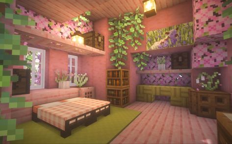 Minecraft Room Cottagecore, Back Of Minecraft House, Aesthetic Pink Minecraft House, Minecraft Bedroom Inspiration, Minecraft Houses Without Mods, Cute Things Minecraft, Minecraft Cute Room Ideas, Pink Cottage Minecraft House, Cute Minecraft Cave House