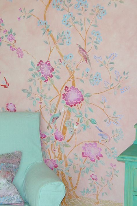 A pale pink wall stencilled with birds and flowers in the style of 18th century Chinese wallpaper Chinoiserie Stencil Patterns, Chinese Stencil Pattern, Pink Ombre Wall, Hand Painted Chinoiserie Mural, Wisteria Wall Stencil, Red Chinoiserie Wallpaper, Chinoiserie Stencil, Pink Chinoiserie, Stencils Online